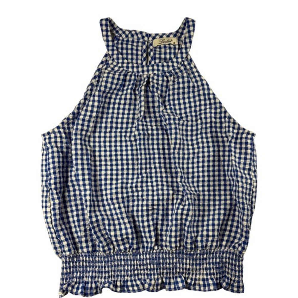 Larkin Blue White Gingham Halter Neck Smocked Waist Top‎ M